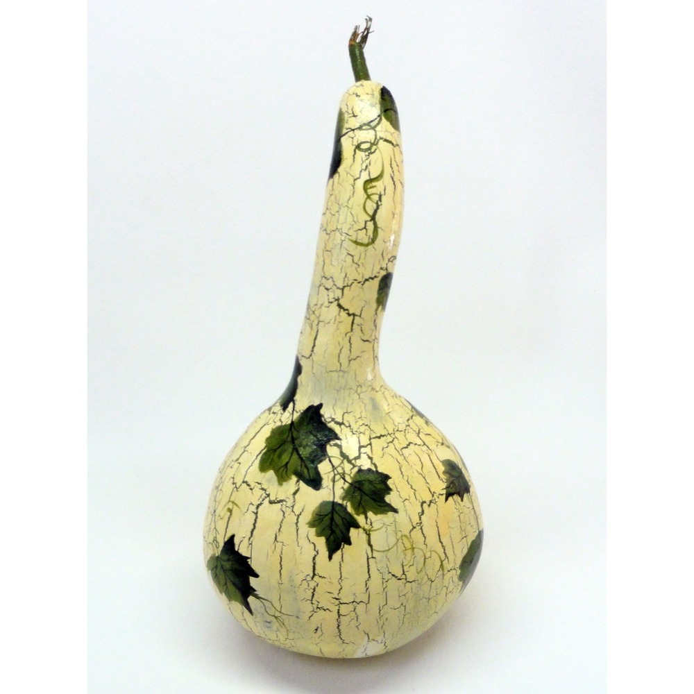 Hand Painted Dried Gourd Long Neck Crackle Finish Green Ivy Vine Decor Rattle - Picture 7 of 11